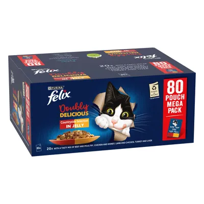 Felix Doubly Delicious Countryside Selection in Jelly, 80 pouch mega pack. Includes beef and poultry, chicken and kidney, lamb and chicken, turkey and liver varieties.