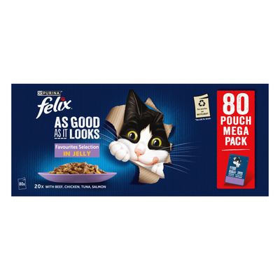 Felix As Good As It Looks Favourites Selection in Jelly, 80 pouch mega pack with beef, chicken, tuna and salmon. Product is recyclable.
