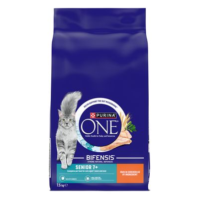 Purina One Bifensis Senior 11+ with chicken as main ingredient, suitable for senior pets aged 11 and over. Image shows product packaging with key features highlighted.