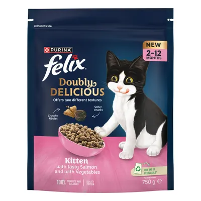 Felix Doubly Delicious Kitten Tasty Salmon with Vegetables - 750g Felix Doubly Delicious Kitten Tasty Salmon with Vegetables - 750g
