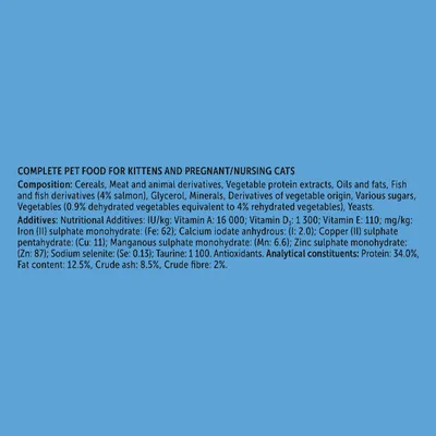 Composition: Cereals, meat and animal by-products, vegetable protein extracts, oils and fats, fish (4% salmon), minerals, vegetables. Analytical constituents: Protein 34%, fat 12.5%. Composition: Cereals, meat and animal by-products, vegetable protein extracts, oils and fats, fish (4% salmon), minerals, vegetables. Analytical constituents: Protein 34%, fat 12.5%.