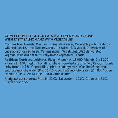 Composition: Cereals, meat and animal by-products, vegetable protein extracts, oils and fats, fish (4% salmon), vegetables, minerals. Protein: 32%, fat: 10.5%.
