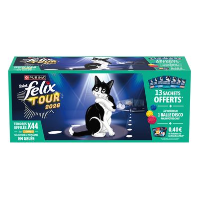 Felix "Aussi bon que beau" en gelée : 31 x 85 g + 13 x 85 g sachets offerts ! Thon, saumon, plie et cabillaud