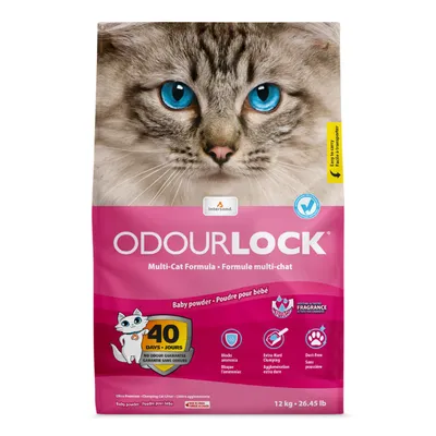 Saco de arena para gatos Intersand OdourLock Multi-Cat Formula, 12 kg. Texto visible: Baby powder, 40 days no odour guarantee, bloquea amoníaco, aglomeración extra dura, sin polvo.