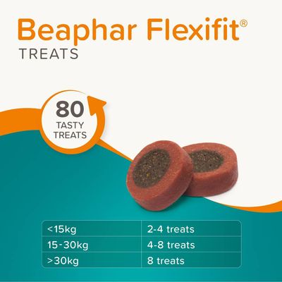 Beaphar Flexifit Treats, 80 treats per pack. Feeding guide: under 15kg, 2-4 treats; 15-30kg, 4-8 treats; over 30kg, 8 treats.