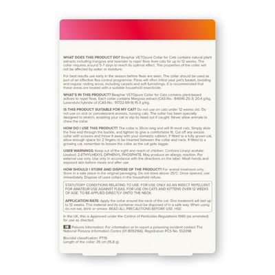 Product information for Beaphar VETOpure Collar, including usage instructions, ingredients, suitability, warnings, storage, disposal, application rate, and poison information.