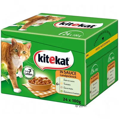 Kitekat IN SAUCE Landpicknick, 24×100g. Mix: kuře a jehně, krůta, kachna a kuře, králík a krůta. Fit für 7 Leben, vitamíny. Obal s obrázkem kočky a misky s krmivem.