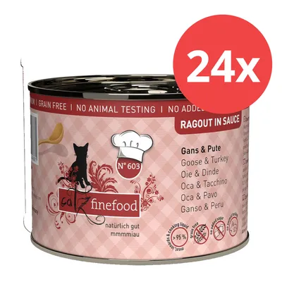 Catz Finefood No. 603 Ragout in Sauce, Gans & Pute, 24x Dose, getreidefrei, ohne Tierversuche, 95% Fleischanteil. Catz Finefood No. 603 Ragout in Sauce, Gans & Pute, 24x Dose, getreidefrei, ohne Tierversuche, 95% Fleischanteil.
