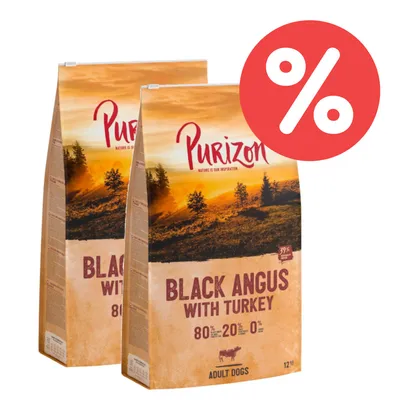 Purizon Black Angus with Turkey, Adult Dogs, 12 kg. 80% Fleischanteil, 20% Gemüse, 0% Getreide. Angebotssymbol mit rotem Prozentzeichen.