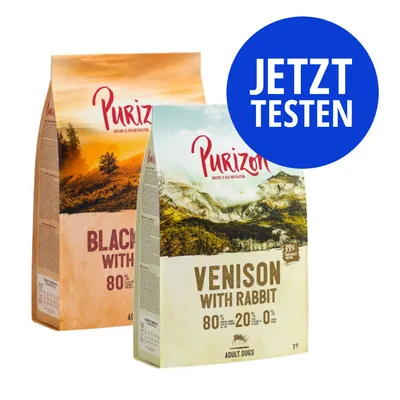 Purizon Venison with Rabbit und Black Angus with Turkey, Trockenfutter für erwachsene Hunde. Blauer Kreis mit weißem Text: JETZT TESTEN.
