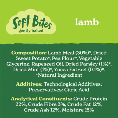 Soft Bites gently baked lamb. Composition: lamb meal 30%, sweet potato, pea flour, vegetable glycerine, rapeseed oil, parsley, mint, yucca extract. Additives: citric acid. Protein 22%.