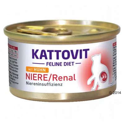 Lata de Kattovit Feline Diet Niere/Renal con pollo, texto visible: Niereninsuffizienz. Imagen de un gato en el envase.