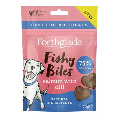 Fishy Bites salmon with dill treats, 75% salmon, grain free, natural ingredients, 70g pack. Label shows heart-shaped treats and highlights 'Best Friend Treats' and 'New'.