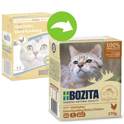 BOZITA Swedish Natural Quality, 370g, chunks in jelly s extra kuřecím masem. Viditelný text: 100% animal protein, grain free, B glucan, cooked with natural ingredients.
