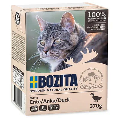 Bozita Swedish Natural Quality hrana za mačke z raco v želeju, 370g. 100% živalskih beljakovin, brez žit, kuhana z naravnimi sestavinami v Vårgårda.