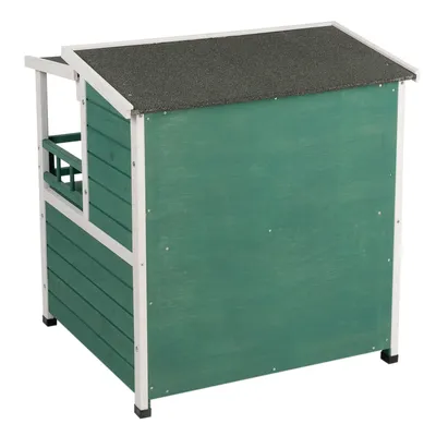 Niche pour animal en bois peint vert avec toit incliné noir, structure à cadre blanc et pieds surélevés. Vue arrière et latérale sans porte visible.