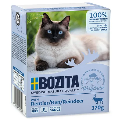 Bozita Swedish Natural Quality cat food with reindeer, 370g. Grain free, B-glucan, chunks in sauce. 100% animal protein, cooked with natural ingredients in Vårgårda.