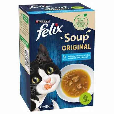 Purina Felix Soup Original, 6x48g, cabillaud, thon, carrelet. Sans colorants. Conçu pour être recyclable. Illustration d’un chat noir et blanc et d’une assiette de soupe.