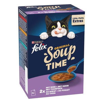 Purina Felix Soup Original, 6x48g. Gusti: manzo, pollo, tonno. Senza coloranti, confezione riciclabile.