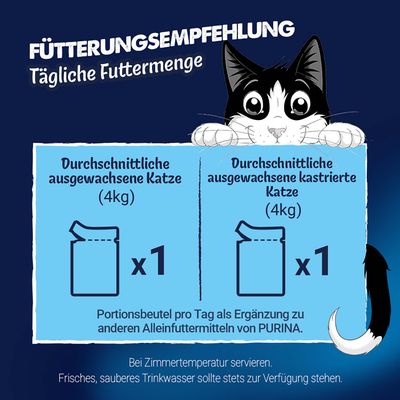 Fütterungsempfehlung: 1 Portionsbeutel pro Tag für durchschnittliche ausgewachsene oder kastrierte Katze (4kg) als Ergänzung zu PURINA Alleinfuttermitteln.