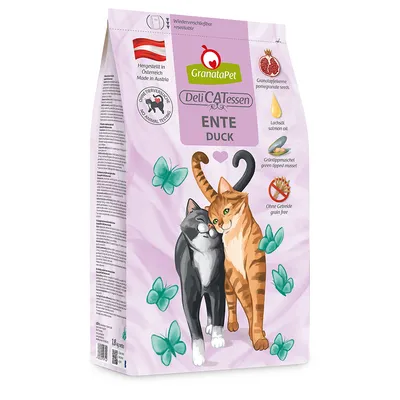 GranataPet DeliCATessen Eend. Gemaakt in Oostenrijk, zonder dierproeven, zonder granen, met granaatappelpitten, zalmolie en groenlipmossel. Hersluitbare verpakking.