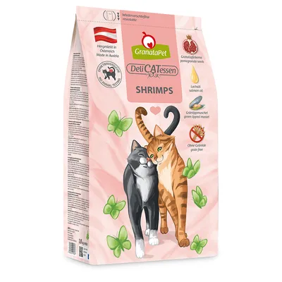 GranataPet DeliCATessen Shrimps. Hergestellt in Österreich, ohne Tierversuche, ohne Getreide. Zutaten: Granatapfelkerne, Lachsöl, Grünlippmuschel. Wieder verschliessbare Verpackung.