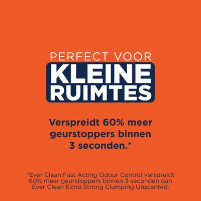 Ever Clean super premium clumping cat litter, 10L. Fast acting odour control, low dust formula. Tekst in het Engels: releases 60% more odour blockers within 1 seconds.
