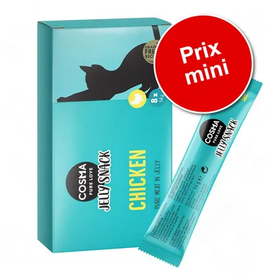 Cosma Pure Love Jelly Snack Chicken, boîte turquoise avec sachet individuel 14 g, mention 'Prix mini' sur pastille rouge, recette sans céréales visible.