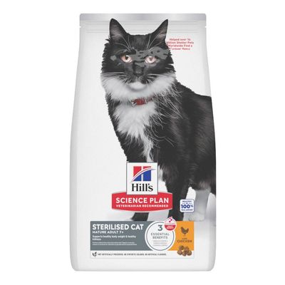 Hill's Science Plan Sterilised Cat Mature Adult 7+ with Chicken, croquettes pour chats stérilisés âgés, texte en anglais sur le maintien du poids et des reins sains, image d’un chat noir et blanc.
