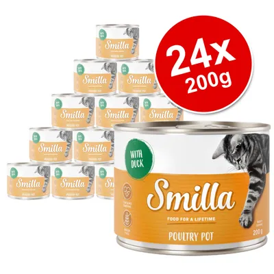 Smilla Poultry Pot with Duck, 24 x 200g tins. Visible text: 'WITH DUCK', 'FOOD FOR A LIFETIME', 'CONTAINS TAURINE', 'GRAIN-FREE', image of a cat on the label.