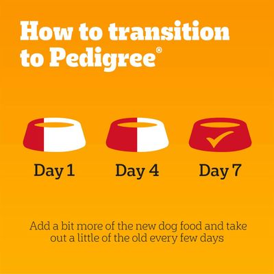 Feeding instructions: Day 1, Day 4 and Day 7 show the gradual transition to Pedigree. Text: Gradually increase the amount of new food and reduce the old food.