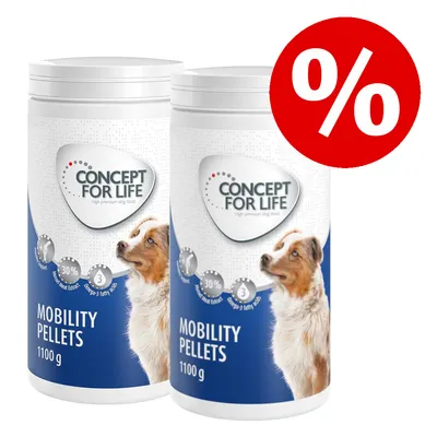 Zwei Dosen Concept for Life Mobility Pellets 1100 g mit Hundebild und rotem Prozentzeichen für Rabattaktion.