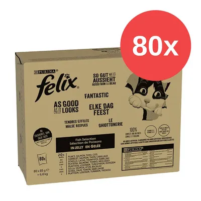 Purina Felix So gut wie es aussieht, Fisch-Auswahl in Gelee, 80x85g. Ohne Farbstoffe, ohne künstliche Konservierungsstoffe. Zutaten: Scholle, Lachs, Thunfisch, Kabeljau. Purina Felix So gut wie es aussieht, Fisch-Auswahl in Gelee, 80x85g. Ohne Farbstoffe, ohne künstliche Konservierungsstoffe. Zutaten: Scholle, Lachs, Thunfisch, Kabeljau.