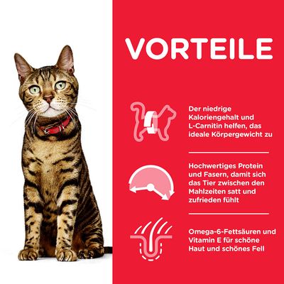 VORTEILE. Der niedrige Kaloriengehalt und L-Carnitin helfen, das ideale Körpergewicht zu... Hochwertiges Protein und Fasern... Omega-6-Fettsäuren und Vitamin E für schöne Haut und schönes Fell. Текст на немецком.