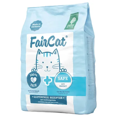 FairCat krmivo pre mačky, bezlepková receptúra s hmyzím proteínom. Vyrobené v Nemecku, Green Petfood, 100% férové, vhodné pre životné prostredie a mačku, SAFE Life Protect.