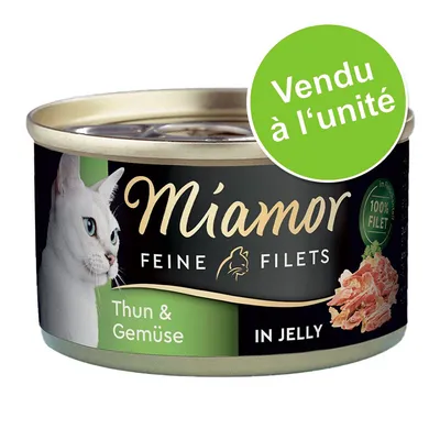 Miamor Feine Filets Thun & Gemüse in Jelly, 100 % Filet, vendu à l’unité. Texte en allemand et anglais sur l’emballage.