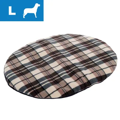 Coussin rond en tissu à motif écossais, taille L indiquée par une icône chien et lettre L sur fond bleu en haut à gauche.