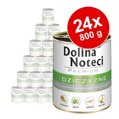 Dolina Noteci Premium bogata w dziczyznę, balení 24×800 g. Na obalu vyobrazeny rýže, bazalka, mrkev, lněný olej. Kompletní krmivo pro dospělé psy.