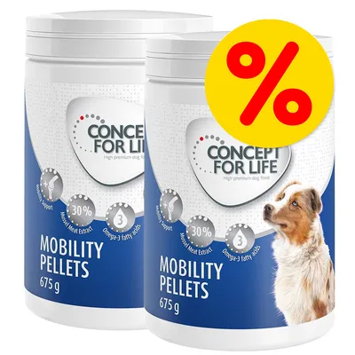Two tubs of Mobility Pellets, 675g each, with visible features: mobility support, 30% mussel meat extract, omega-3 fatty acids. Large percentage discount symbol shown.