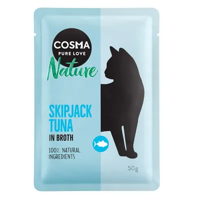 Cosma Nature Skipjack Tuna in Broth, ingredienti 100% naturali, 50g. Silhouette di un gatto e simbolo di pesce su confezione azzurro chiaro.