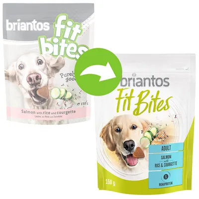Briantos Fit Bites, Adult, zalm met rijst en courgette, monoproteïne, 150 g. Verpakkingsontwerpwijziging afgebeeld. Briantos Fit Bites, Adult, zalm met rijst en courgette, monoproteïne, 150 g. Verpakkingsontwerpwijziging afgebeeld.