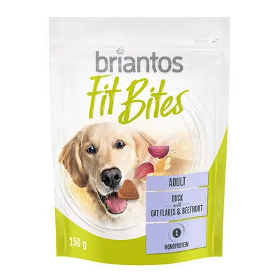 Briantos Fit Bites Adult, kacsa zabpehellyel és céklával, monoprotein, 150 g. Visszazárható csomagolás.