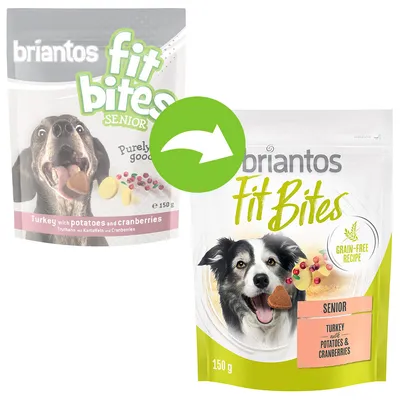 Briantos Fit Bites Senior, pavo con patatas y arándanos, 150 g. Receta sin cereales. Diseño de envase actualizado.