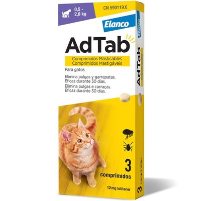 Elanco AdTab para gatos de 0,5 a 2 kg, 3 comprimidos de 12 mg de lotilaner. Eficaz contra pulgas y garrapatas, efecto durante 30 días. Envase con imagen de un gato.