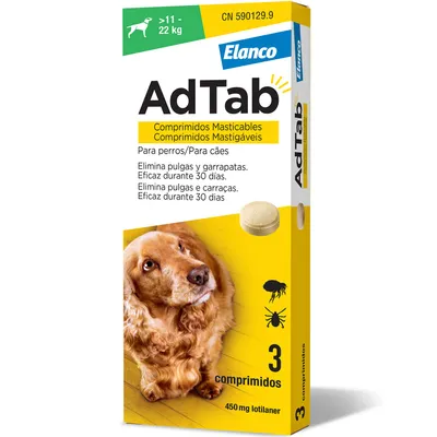 AdTab Elanco comprimidos para perros de 11 a 22 kg, 3 unidades, contra pulgas y garrapatas, eficaz durante 30 días. Texto en español y portugués visible en el envase.