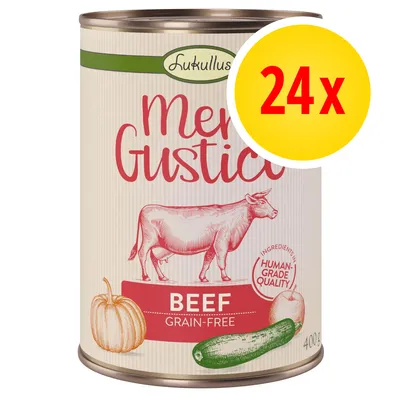 Pack of 24 cans, beef grain-free recipe with human-grade quality ingredients, 400g each. Visible vegetables include pumpkin and courgette.