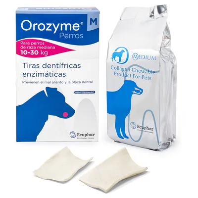 Orozyme Perros enzymatische tandreinigingsstrips voor middelgrote honden 10-30 kg. Collageen kauwproduct voor huisdieren Medium van Ecuphar, veterinaire gebitsverzorging.