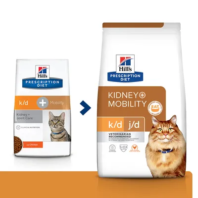 Hill's Prescription Diet k/d + Mobility kattmat, förpackningsändring till Kidney + Mobility k/d j/d. Synliga texter: 'Veterinarian Recommended', 'S+OX Shield', 'with Chicken', 'EAT'.