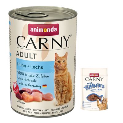 Animonda Carny Adult Huhn + Lachs, 100% frische Zutaten, ohne Getreide, Made in Germany, mit Taurin. Abbildung einer Katze und Fleischstücke.