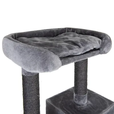 Tiragraffi grigio con superficie imbottita per sdraiarsi e due robusti pali in sisal.
